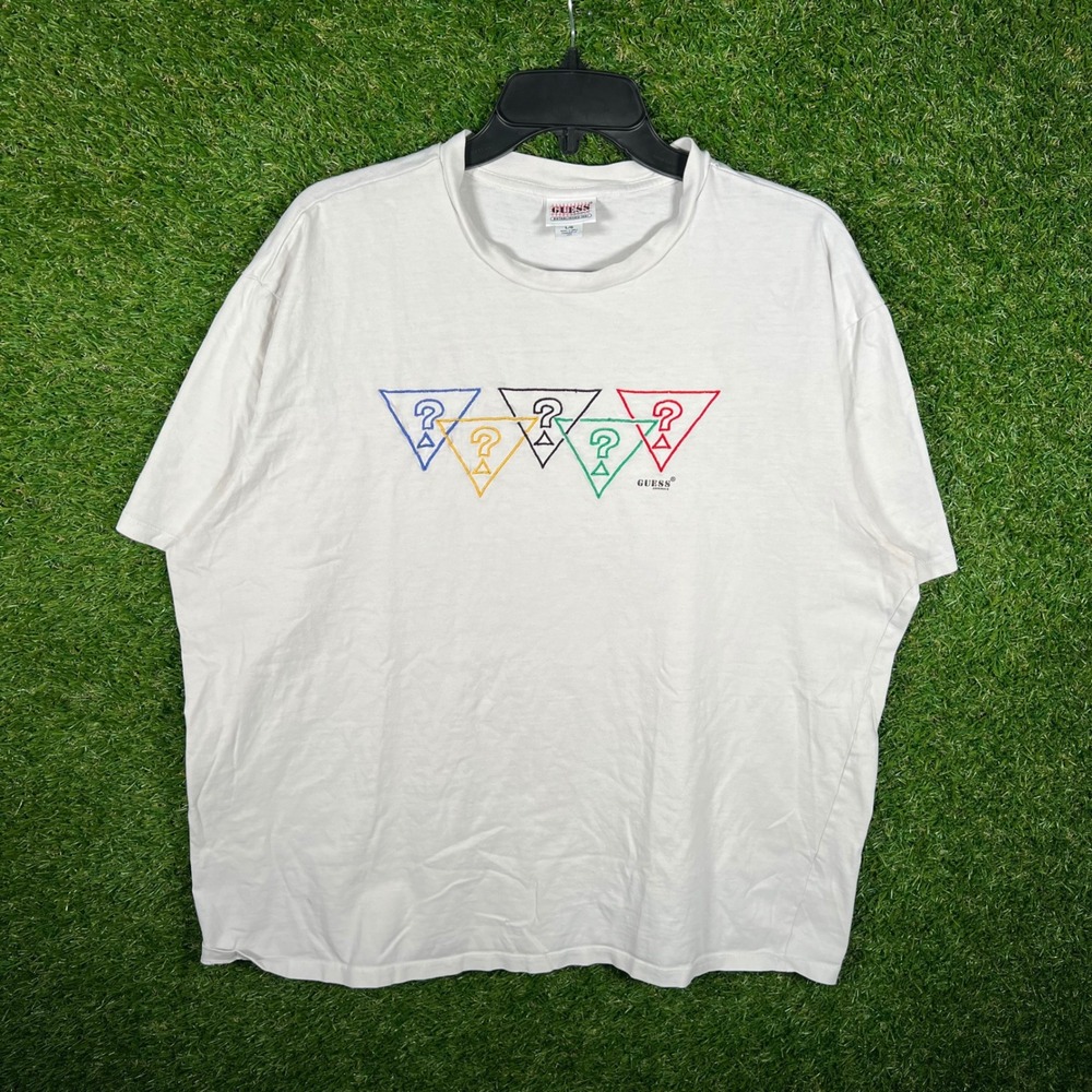 Guess Originals Mens White Olympic Triangle Logo Graphic T-Shirt Large 3332